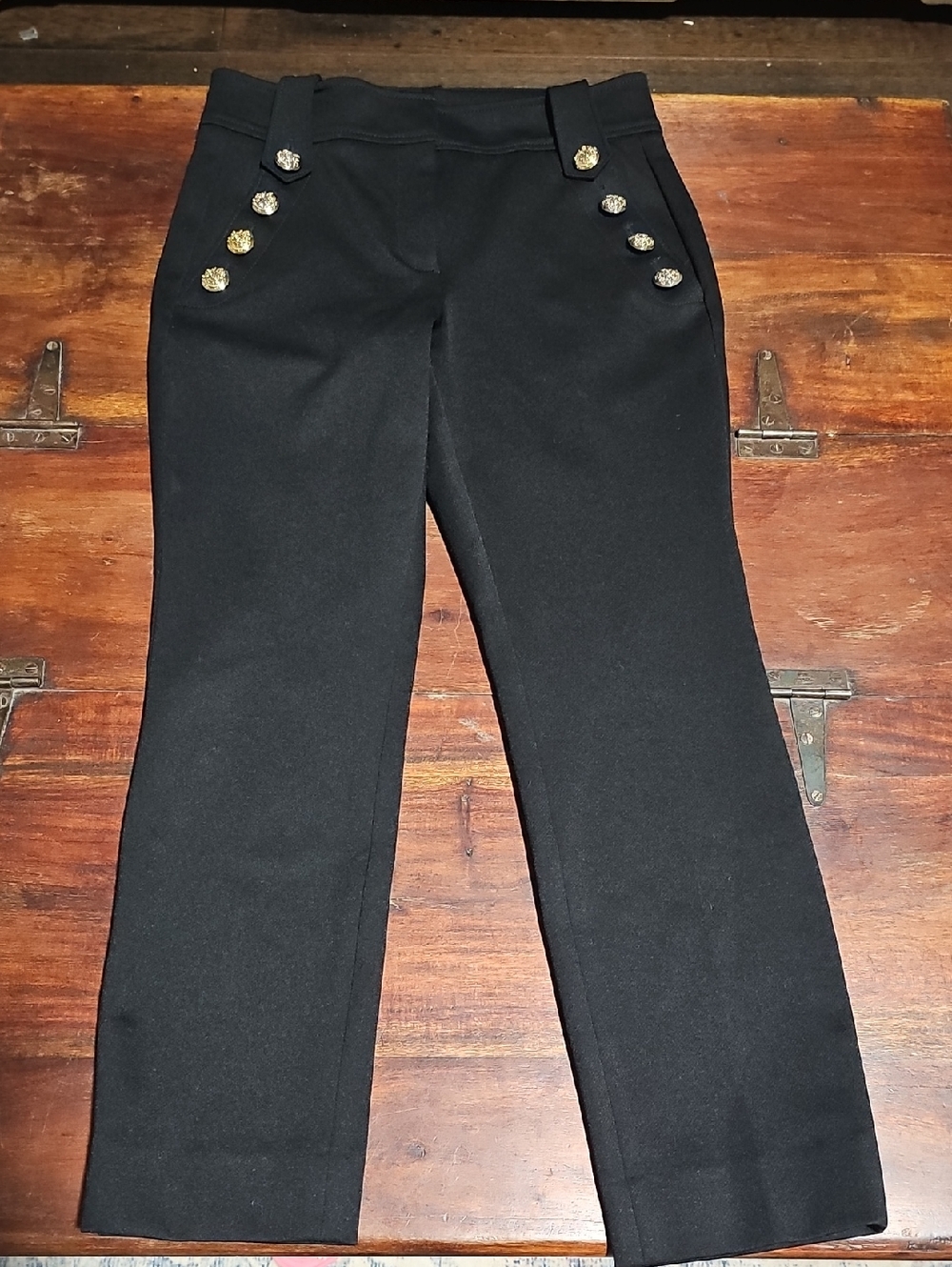 White House Black Market Black Straight-Leg Pants with Gold Buttons